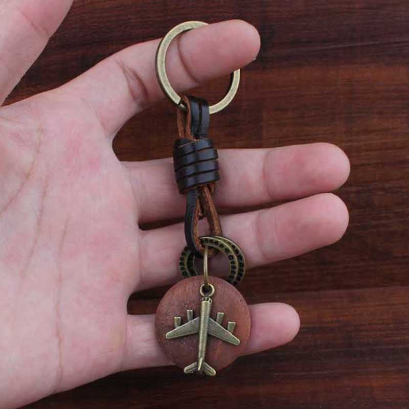 Wholesale Round Wood Bronze Aircraft Pendant Leather Keychains